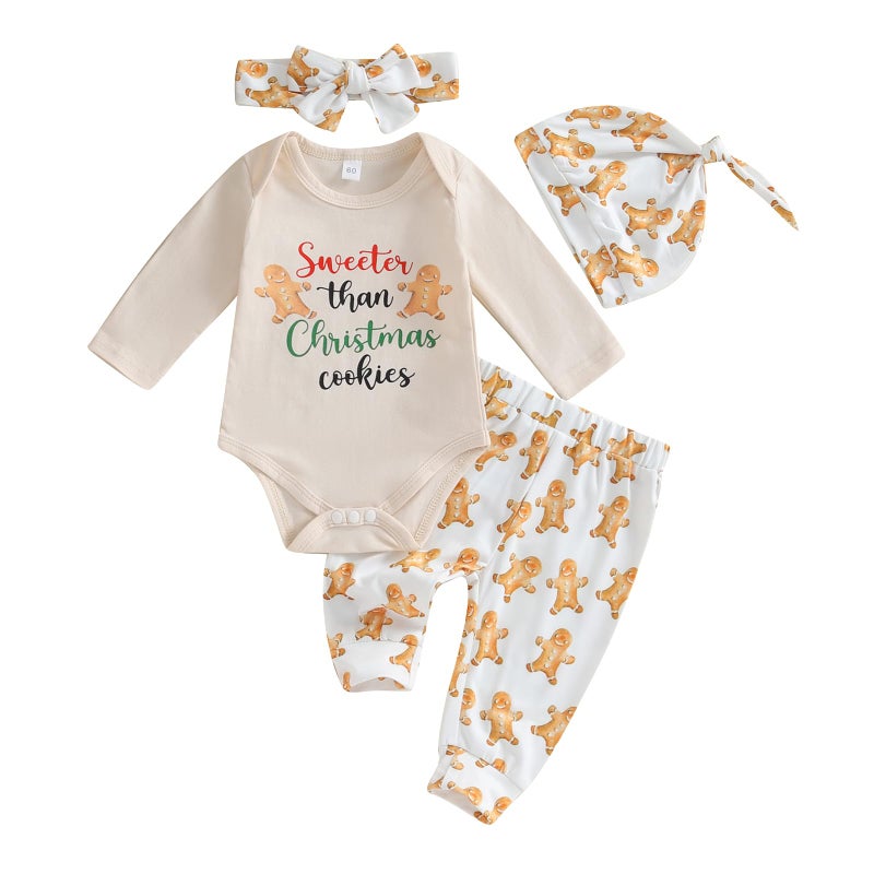 MERSARIPHY Baby Girl My First Christmas Outfit Newborn Infant Crewneck Long Sleeve Romper Bodysuit Pant Clothes Set Costume Beige Cookies 03 Months