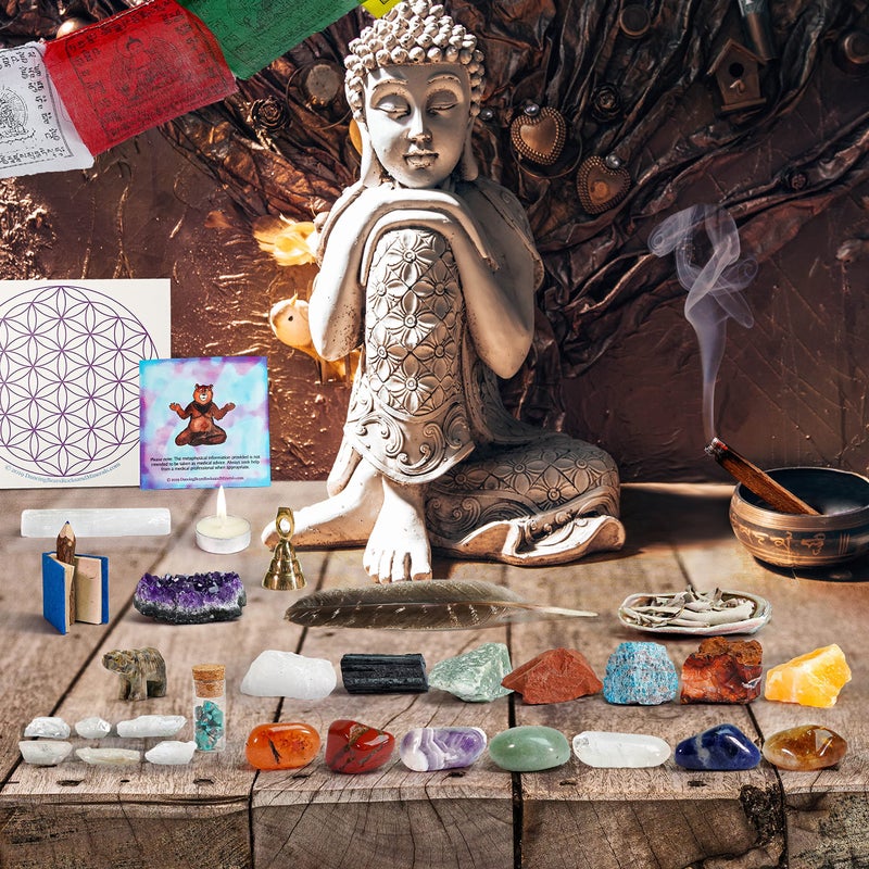 DANCING BEAR Deluxe Healing Crystals 35 Pc Set Altar  Meditation Kit Chakra Balance Stones Abalone Shell  Sage Smudge Feather Real Turquoise Spirit Animal Bell Prayer Flag Made in USA