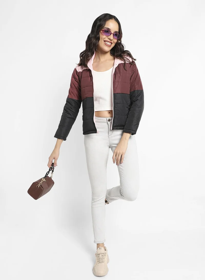 Campus Sutra Women's Multicolour Double-Lined Colourblock Puffer Jacket
