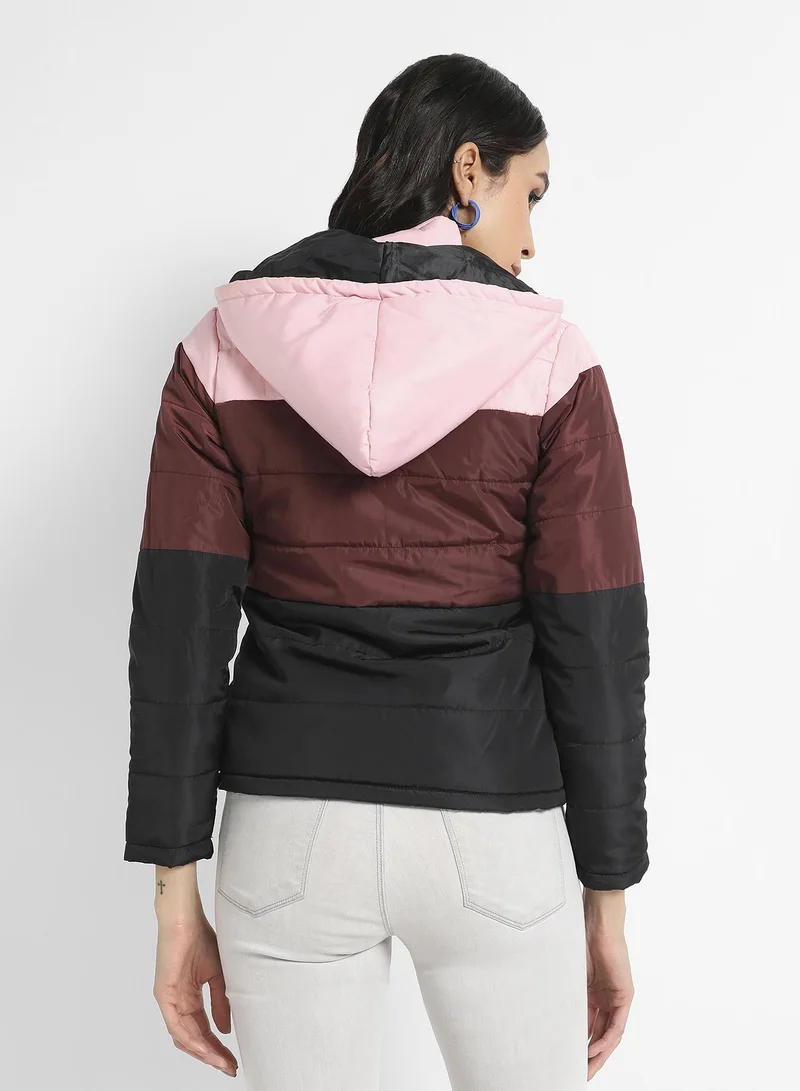 Campus Sutra Women's Multicolour Double-Lined Colourblock Puffer Jacket