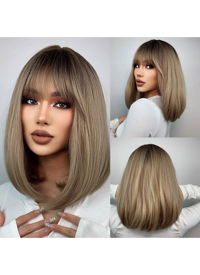 MAGQOO - MAGQOO Brown Bob Wig  Dark Roots Ash Blonde Short Straight Synthetic Cosplay Party Wig - Image 1