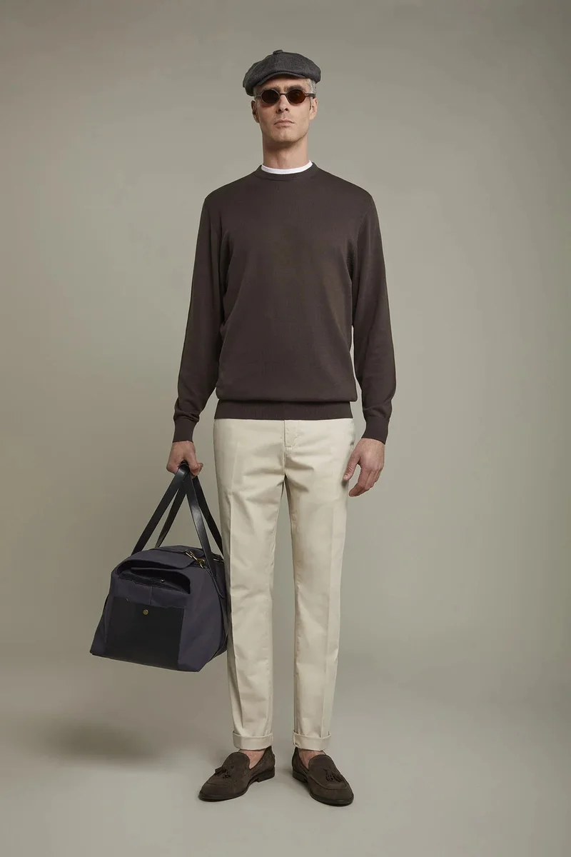 Men's Round neck sweater 100% cotton regular fit - DK Brown
