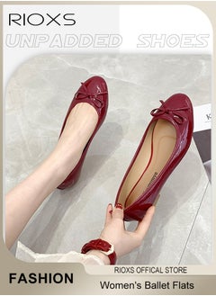 RIOXS Women's Ballerina Flats, Round Toe Ballet Flats Shoes For Women, Soft Faux Leather Flats, Comfortable Dressy Casual Shoes With Bow Knot, Slip On Low Wedge Shoes, Mom Shoes Dressy Flats For Women Footwear, Ladies Dresses Shoes-Red Flats  - Image 2