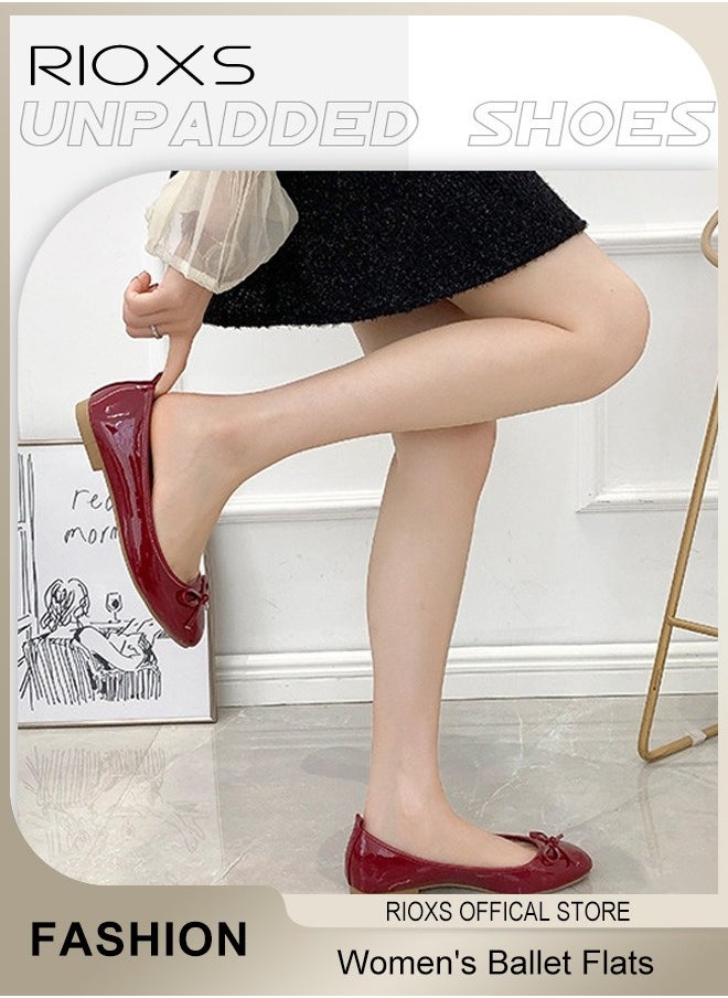 RIOXS - Women's Ballerina Flats, Round Toe Ballet Flats Shoes For Women, Soft Faux Leather Flats, Comfortable Dressy Casual Shoes With Bow Knot, Slip On Low Wedge Shoes, Mom Shoes Dressy Flats For Women Footwear, Ladies Dresses Shoes-Red Flats - Image 1