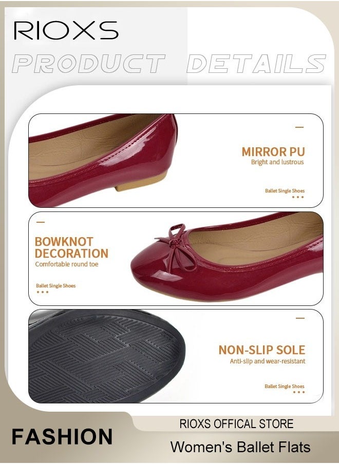 RIOXS - Women's Ballerina Flats, Round Toe Ballet Flats Shoes For Women, Soft Faux Leather Flats, Comfortable Dressy Casual Shoes With Bow Knot, Slip On Low Wedge Shoes, Mom Shoes Dressy Flats For Women Footwear, Ladies Dresses Shoes-Red Flats - Image 1