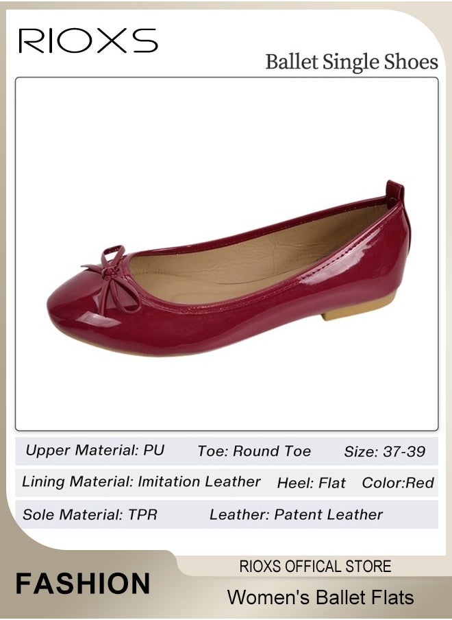 RIOXS - Women's Ballerina Flats, Round Toe Ballet Flats Shoes For Women, Soft Faux Leather Flats, Comfortable Dressy Casual Shoes With Bow Knot, Slip On Low Wedge Shoes, Mom Shoes Dressy Flats For Women Footwear, Ladies Dresses Shoes-Red Flats - Image 1