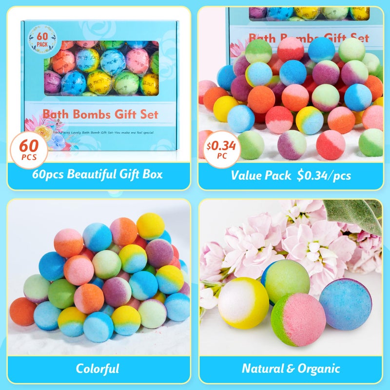 PickMora 60 Pack Bath Bombs Set, Christmas Stocking Stuffers, Birthday Gift Set for Women, Natural Organic Bath Bubble Bombs for Kids/Women/Men/Mom Individually Wrapped Handmade - Image 2