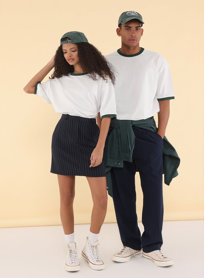 trendyol White with Green Outline Unisex Oversize T-shirt  Stripe Sleeves 100% Cotton - Image 1