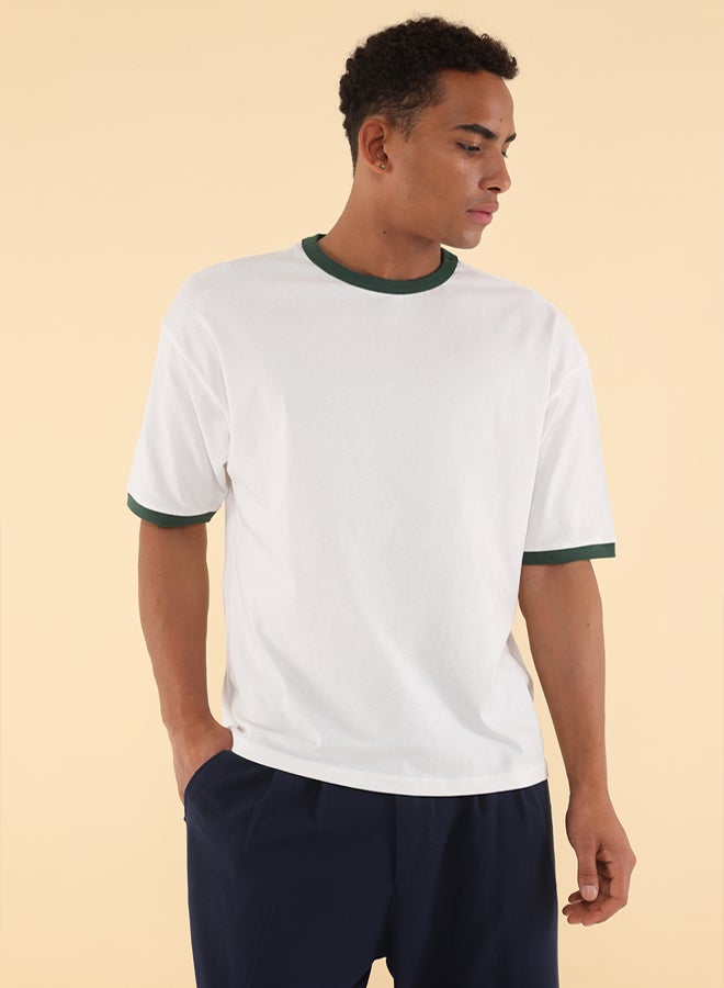 trendyol White with Green Outline Unisex Oversize T-shirt  Stripe Sleeves 100% Cotton - Image 2