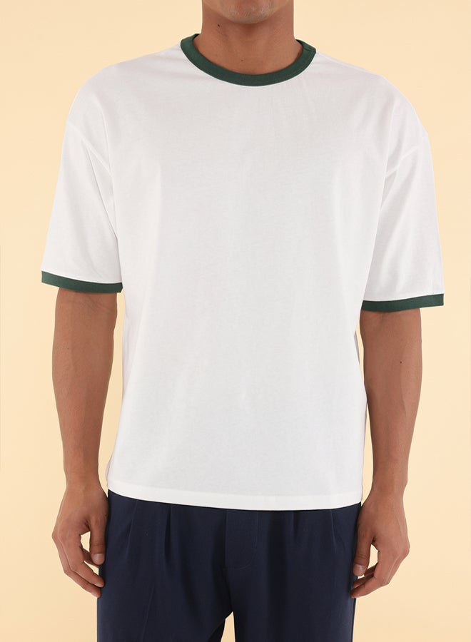 trendyol White with Green Outline Unisex Oversize T-shirt  Stripe Sleeves 100% Cotton - Image 4