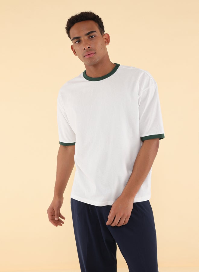 trendyol White with Green Outline Unisex Oversize T-shirt  Stripe Sleeves 100% Cotton - Image 3
