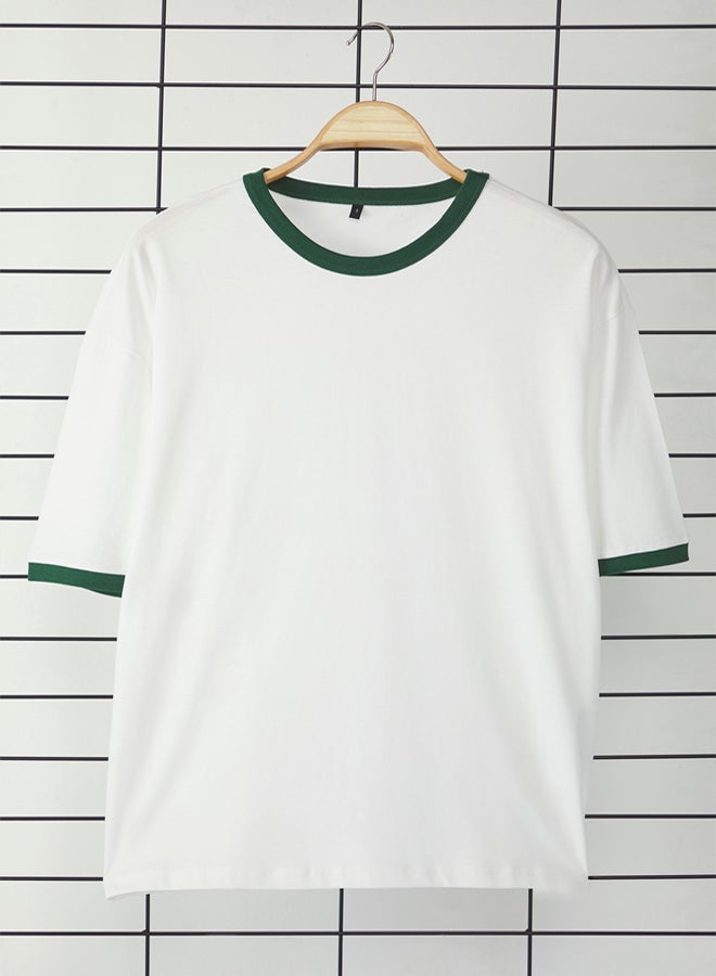 trendyol White with Green Outline Unisex Oversize T-shirt  Stripe Sleeves 100% Cotton - Image 5