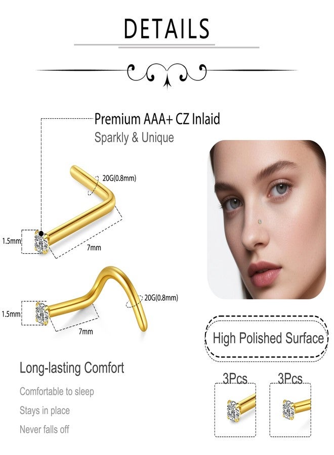 D.Bella Nose Rings 6Pcs 20G Nose Screw Studs Corkscrew & L Shape CZ Stainless Steel Piercing Jewelry for Women Men Gold 1.5mm - Image 3