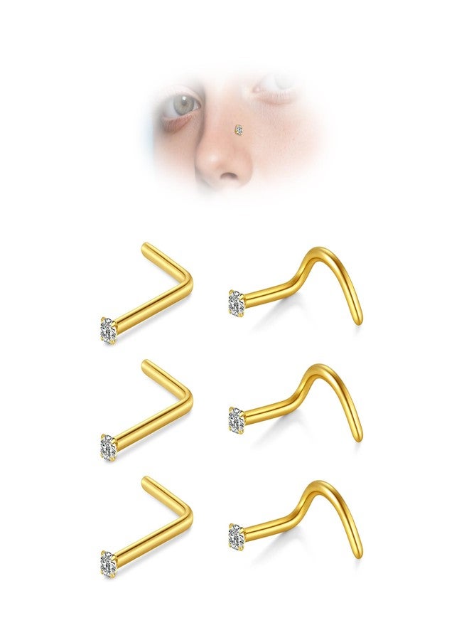 D.Bella Nose Rings 6Pcs 20G Nose Screw Studs Corkscrew & L Shape CZ Stainless Steel Piercing Jewelry for Women Men Gold 1.5mm - Image 1