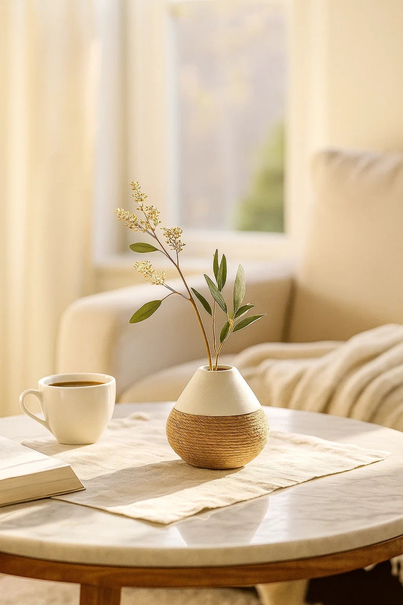 ماريا هومز مزهرية تصميم الحبل الخزفي الأبيض – أصيص زهور عصري لديكور المنزل والمكتب - Image 1