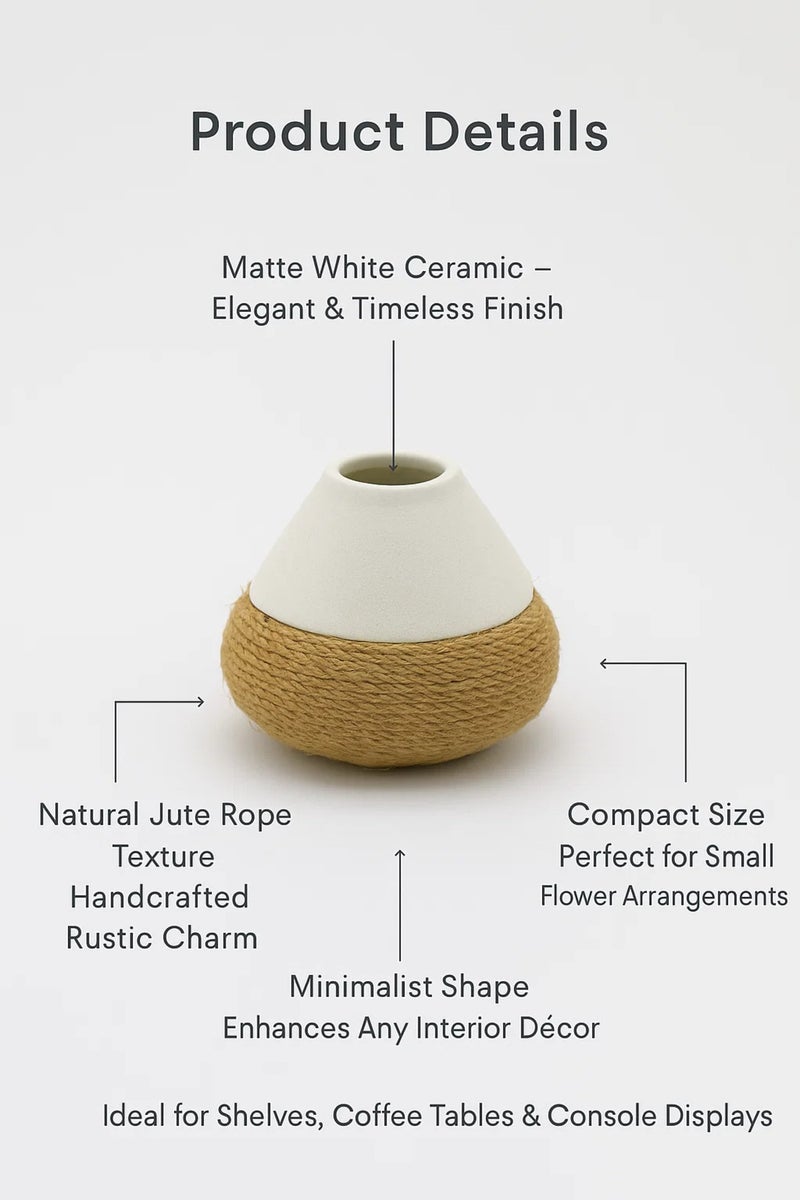 ماريا هومز مزهرية تصميم الحبل الخزفي الأبيض – أصيص زهور عصري لديكور المنزل والمكتب - Image 3