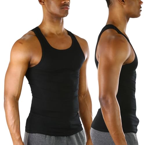 ToBeInStyle Men's Pack of 3 100% Cotton A-Shirts Form-Fitting Sleeveless Scoop Neck Undershirts - Classic Black - Medium - Image 3