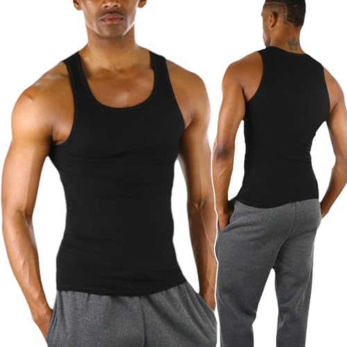 ToBeInStyle Men's Pack of 3 100% Cotton A-Shirts Form-Fitting Sleeveless Scoop Neck Undershirts - Classic Black - Medium - Image 5