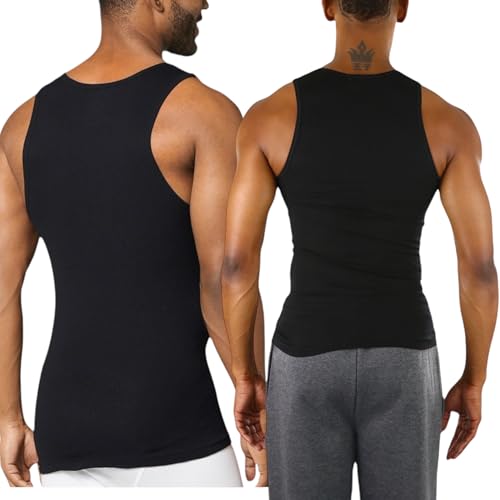 ToBeInStyle Men's Pack of 3 100% Cotton A-Shirts Form-Fitting Sleeveless Scoop Neck Undershirts - Classic Black - Medium - Image 2