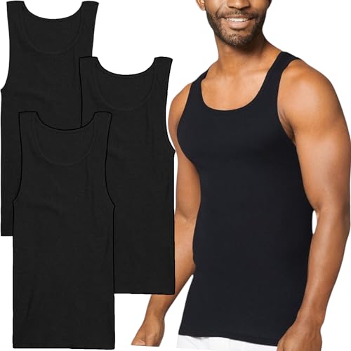 ToBeInStyle Men's Pack of 3 100% Cotton A-Shirts Form-Fitting Sleeveless Scoop Neck Undershirts - Classic Black - Medium - Image 1