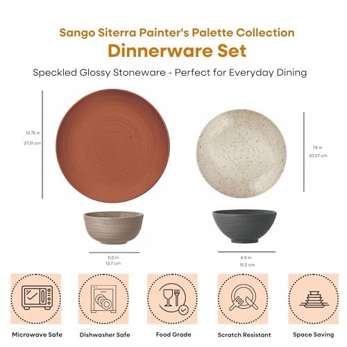 Sango Siterra Painter's Palette 16-Piece Stoneware Dinnerware Set - Service for 4, Ceramic Plates and Bowls Sets, Chip Resistant, Rustic Dishware, Microwave & Dishwasher Safe Kitchen Dishes - Image 2