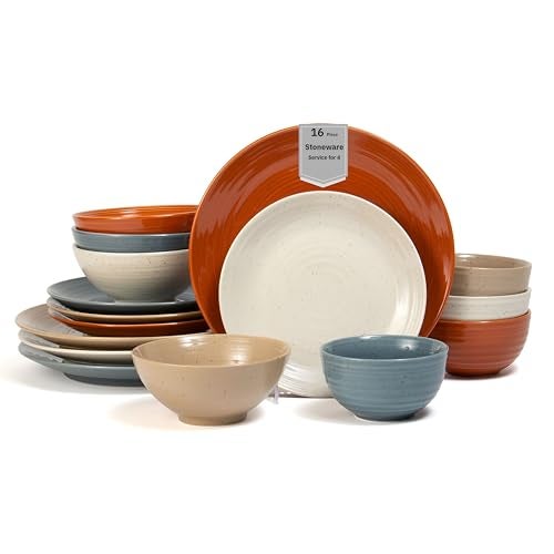 Sango Siterra Painter's Palette 16-Piece Stoneware Dinnerware Set - Service for 4, Ceramic Plates and Bowls Sets, Chip Resistant, Rustic Dishware, Microwave & Dishwasher Safe Kitchen Dishes - Image 1