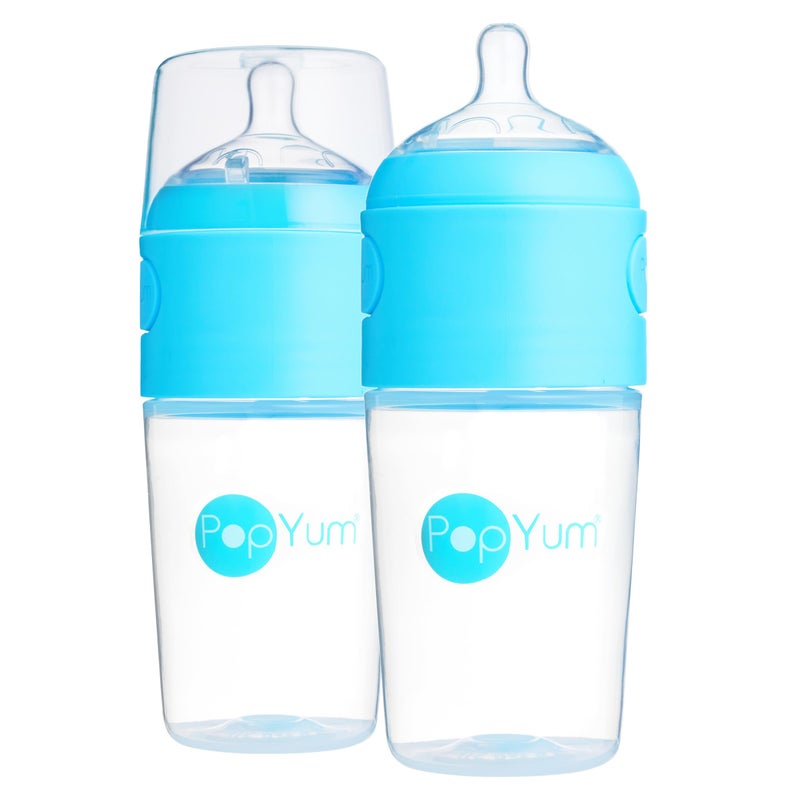 PopYum 9 oz Blue Anti-Colic Formula Making/Mixing/Dispenser Baby Bottles, 2-Pack with #2 Medium Flow Nipples, 260 ml, BPA-Free, Natural Latch - Image 1
