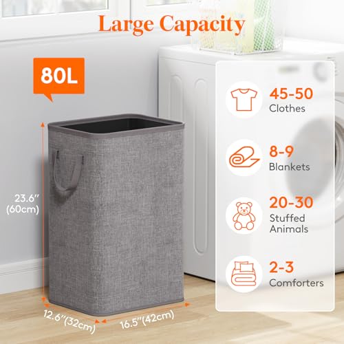 Lifewit 80L Large Tall Laundry Hamper Collapsible Laundry Basket with Handles Foldable Clothes Hampers for Laundry Portable Dirty Clothes Hamper for Dorm College Bedroom Bathroom Light Gray - Image 3