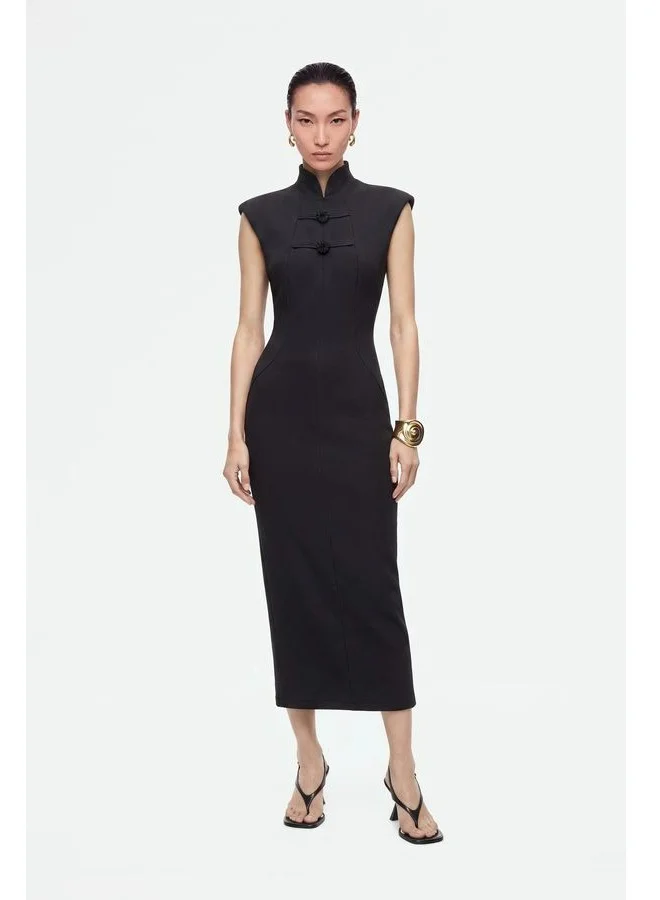 Nocturne Padded-Shoulder Button-Detail Maxi Dress