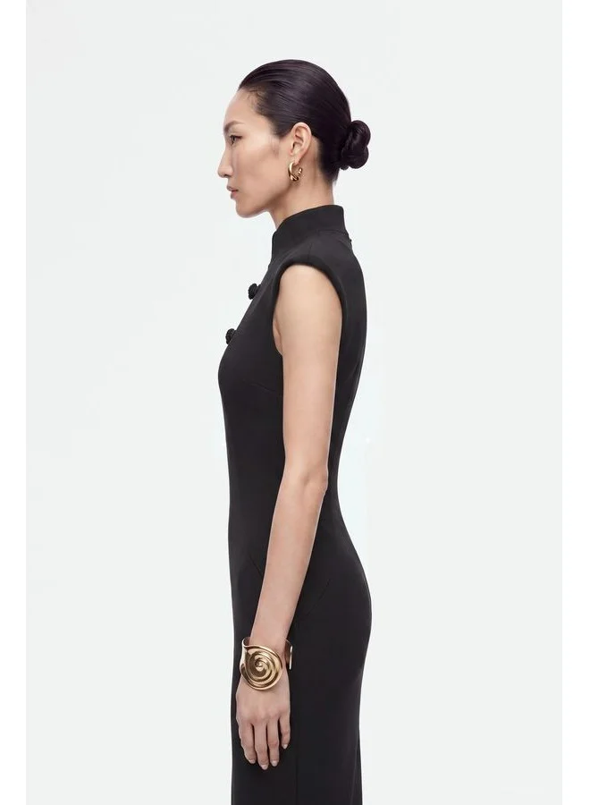 Nocturne Padded-Shoulder Button-Detail Maxi Dress