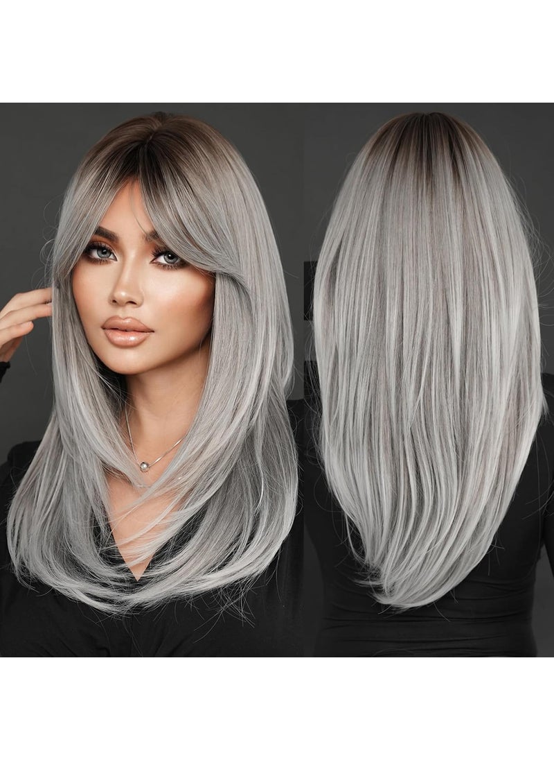 7JHH WIGS - 7JHH WIGS Grey Ombre Layered Wig with Curtain Bangs Long Straight Pixie Cut Natural Looking Heat Resistant Synthetic Hair Fiber Wigs for Women Daily Used - Image 1