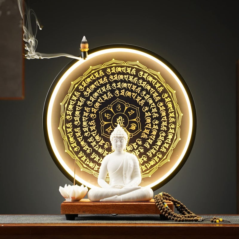 QINLANG تمثال بوذا أبيض بارتفاع 6 بوصات ومصباح طاولة دائري LED بارتفاع 132 بوصة لتماثيل بوذا الداخلية لتزيين المنزل