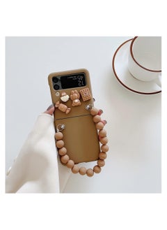 Samsung Galaxy Z Flip 4 Case, 3D Cute Candy Bear Toys Bracelet Phone Cases, Hard Cover Hand Chain Shell Wristband, Anti-Fall Protective Phone Cover, Brown