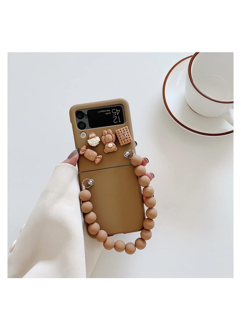 Generic - Samsung Galaxy Z Flip 4 Case, 3D Cute Candy Bear Toys Bracelet Phone Cases, Hard Cover Hand Chain Shell Wristband, Anti-Fall Protective Phone Cover, Brown - Image 1