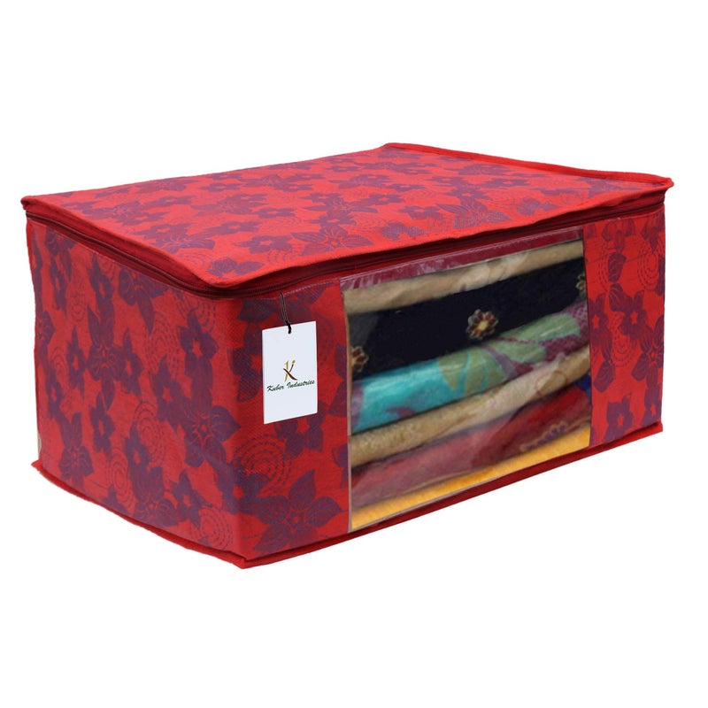 Kuber Industries Metalic Flower 3 Piece Non Woven Saree Cover Set, Large, Red & Metalic Printed Waterproof Canvas Laundry Bag, Toy Storage, Laundry Basket Organizer 45 L (Brown) CTKTC034616 - Image 3