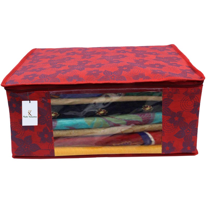 Kuber Industries Metalic Flower 3 Piece Non Woven Saree Cover Set, Large, Red & Metalic Printed Waterproof Canvas Laundry Bag, Toy Storage, Laundry Basket Organizer 45 L (Brown) CTKTC034616 - Image 4