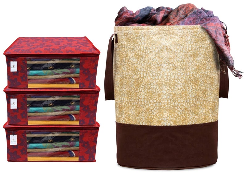 Kuber Industries Metalic Flower 3 Piece Non Woven Saree Cover Set, Large, Red & Metalic Printed Waterproof Canvas Laundry Bag, Toy Storage, Laundry Basket Organizer 45 L (Brown) CTKTC034616 - Image 1