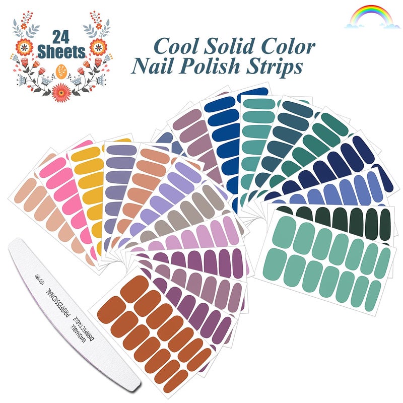 JERCLITY 24 Sheets Solid Cool Colors Nail Stickers Full Wraps Real Polish Strips for Women Art Bright Color Gel Strips With File - Image 2