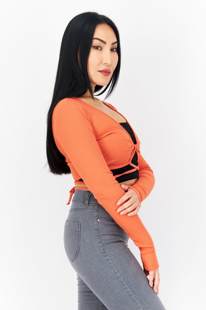 NA-KD Women Twist Neck Long Sleeve Ribbed Cropped Top, Rust - Image 3