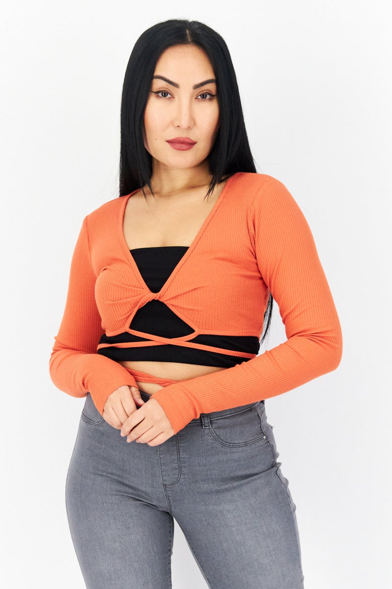 NA-KD Women Twist Neck Long Sleeve Ribbed Cropped Top, Rust - Image 1
