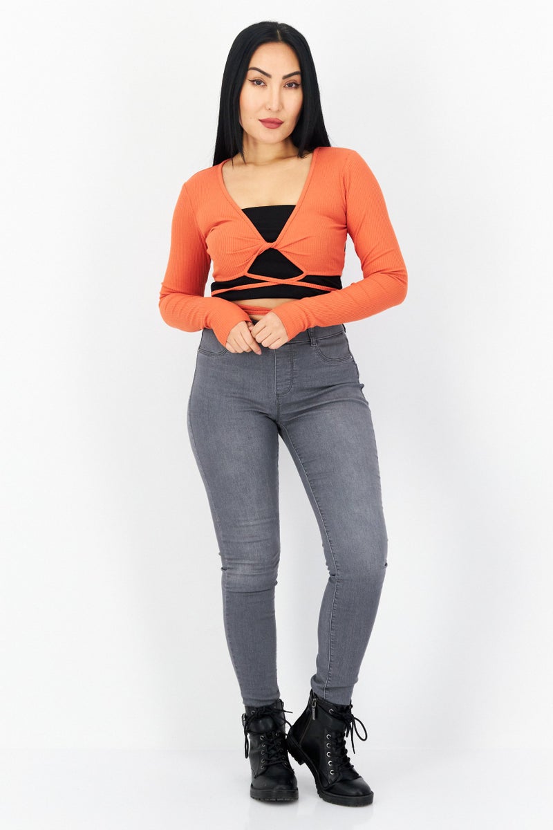 NA-KD Women Twist Neck Long Sleeve Ribbed Cropped Top, Rust - Image 4