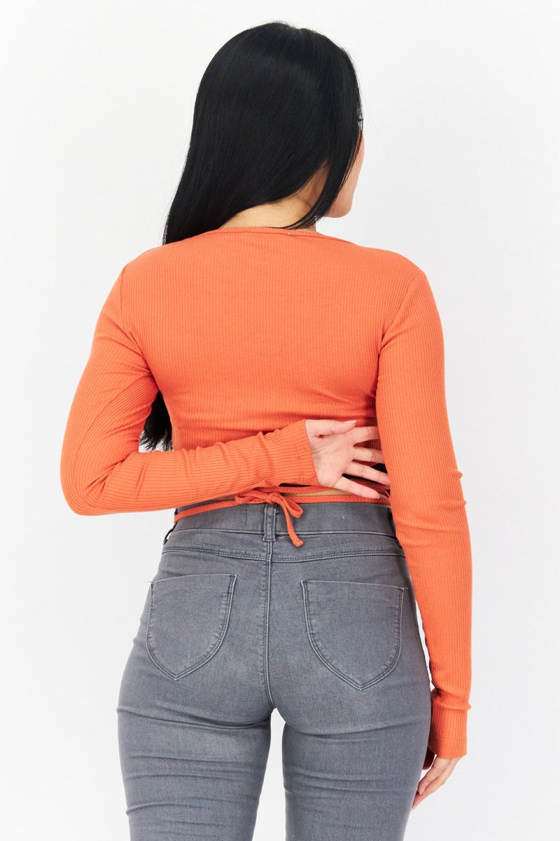 NA-KD Women Twist Neck Long Sleeve Ribbed Cropped Top, Rust - Image 2