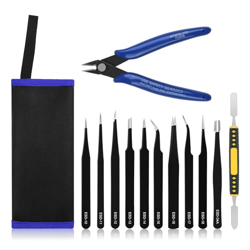 Ainiv Precision Tweezers Set, 11PCS Anti-Static ESD Tweezers Set with 1PCS Micro Wire Cutter for Modeling, Electronic Repair, Handicraft, Laboratory, Jewelry Manufacturing, Hobby etc - Image 1