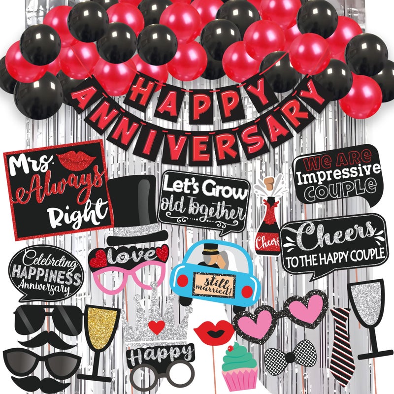 Wobbox Anniversary Party Props with Black & Red Balloon Text Bunting Banner & Balloon & Foil Curtain, Anniversary Party Decoration (46 Pcs Combo) - Image 1