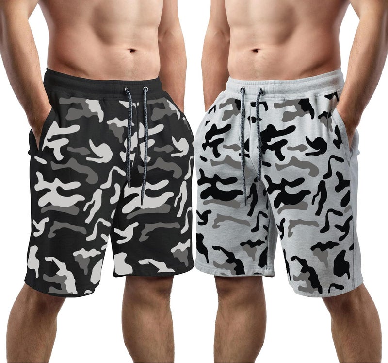 hotfits Men's Black & Grey Cotton Regular Shorts - Workout, Gym, Running, Yoga and Sports Shorts - Camouflage Printed - Pack of 2- L - Image 4