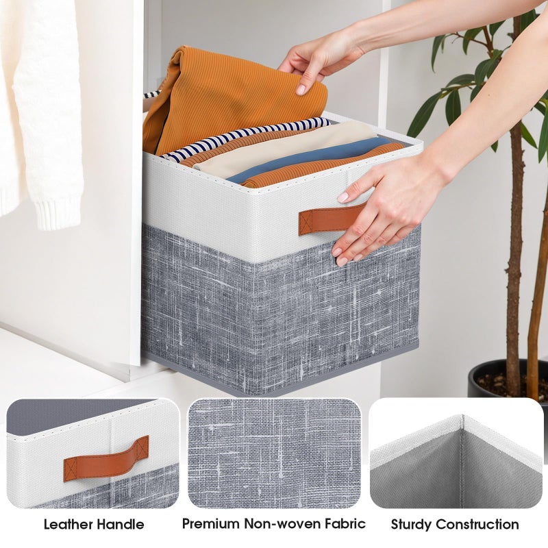 Fab totes Collapsible Storage Baskets for Shelves,14"x10", 4 Pack Foldable Fabric Storage Bins with Double Leather Handles, Large Baskets for Organizing Books, Clothes, White & Grey - Image 3