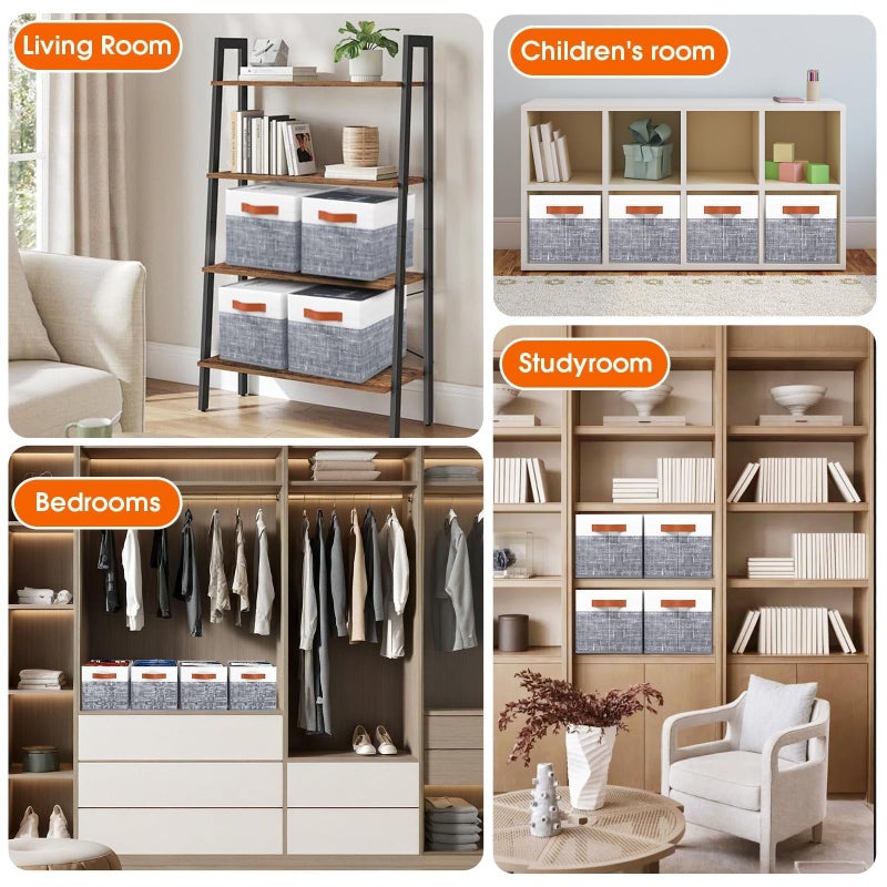 Fab totes Collapsible Storage Baskets for Shelves,14"x10", 4 Pack Foldable Fabric Storage Bins with Double Leather Handles, Large Baskets for Organizing Books, Clothes, White & Grey - Image 5