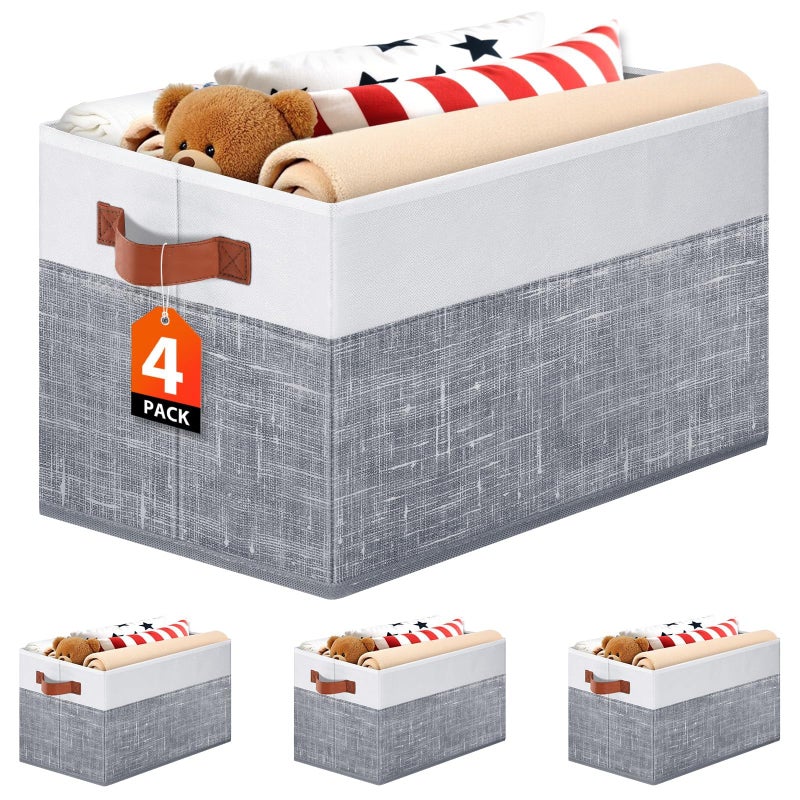 Fab totes Collapsible Storage Baskets for Shelves,14"x10", 4 Pack Foldable Fabric Storage Bins with Double Leather Handles, Large Baskets for Organizing Books, Clothes, White & Grey - Image 1