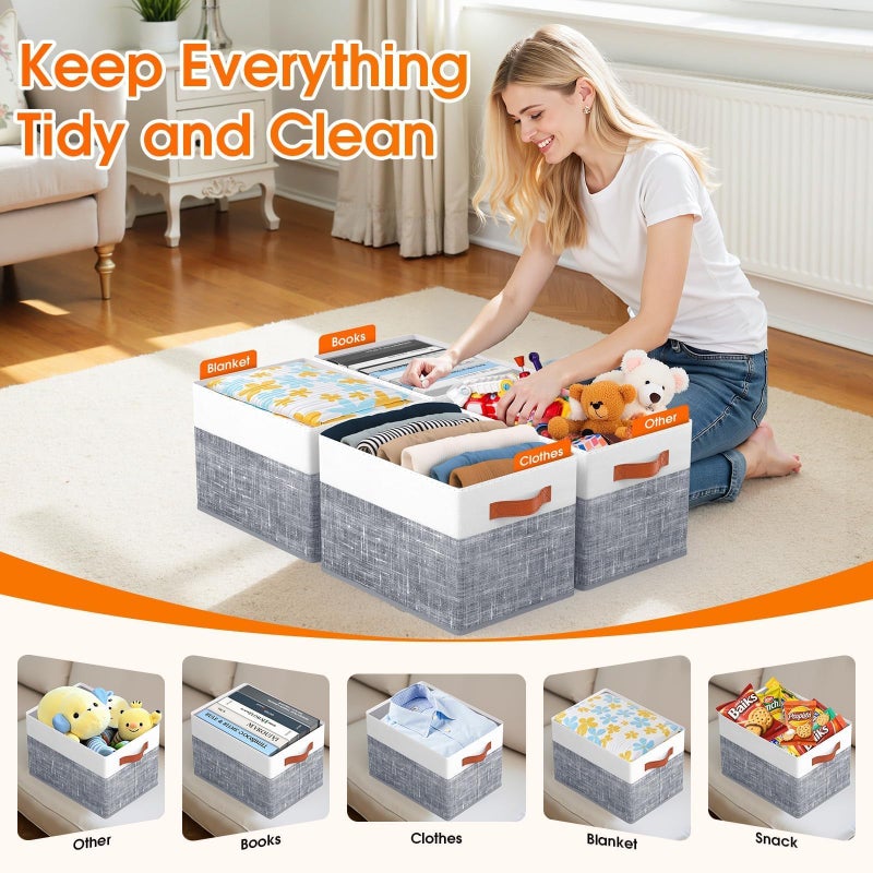 Fab totes Collapsible Storage Baskets for Shelves,14"x10", 4 Pack Foldable Fabric Storage Bins with Double Leather Handles, Large Baskets for Organizing Books, Clothes, White & Grey - Image 4