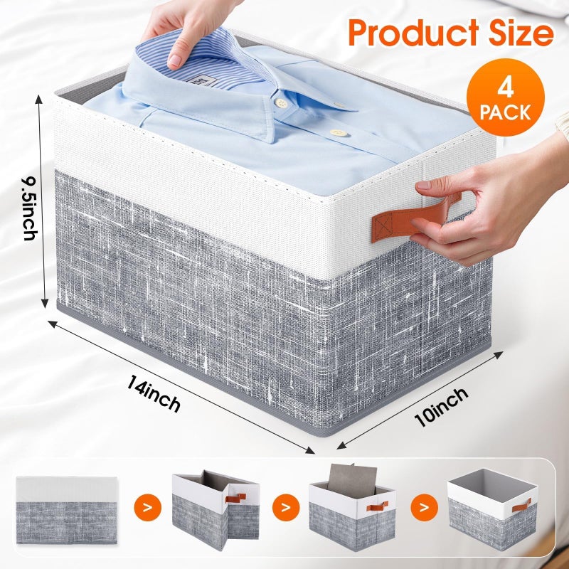 Fab totes Collapsible Storage Baskets for Shelves,14"x10", 4 Pack Foldable Fabric Storage Bins with Double Leather Handles, Large Baskets for Organizing Books, Clothes, White & Grey - Image 2